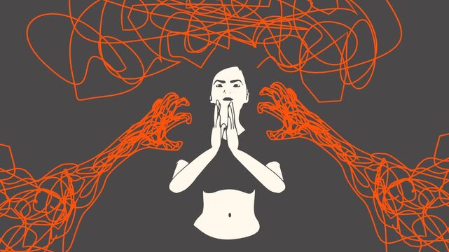 A frightened woman covers her mouth while tangled claw hands reach toward her. A metaphor of anxiety, panic, fear, stress, pressure of chaotic thoughts, trauma, and the need for help and support.