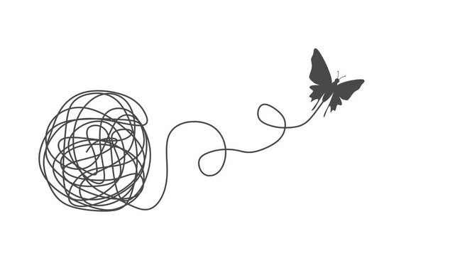 A tangled ball of thread unravels into a smooth line that ends with a flying butterfly. A metaphor of transformation, healing, recovery, personal growth, hope and the journey from chaos to freedom.