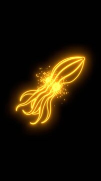 Squid with tentacles. Sea and ocean animal. Cute giant kraken monster, cartoon creepy underwater cuttlefish. Thin lines style emblem for the menu of the seafood restaurant. Neon glowing.