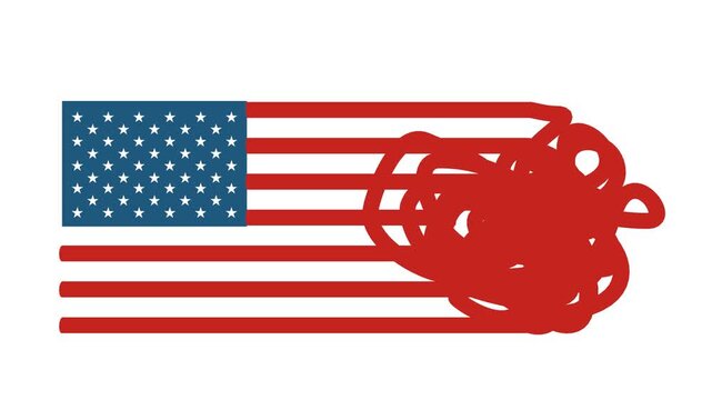 The stripes of the USA flag run into a tangled chaotic knot. A metaphor of political crisis, disorder, instability, division, social tension, difficult problems and uncertainty in the country.