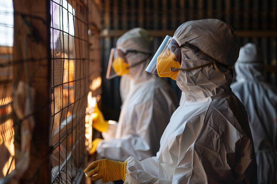 Health surveillance team conducting epidemic control and biosecurity measures in a bird-keeping facility to combat zoonotic disease transmission. Parrot fever concept