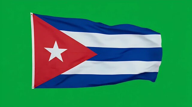 Cuban national flag waving in wind against bright green background for patriotic themes and travel media
