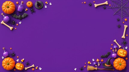 Flat lay, top-down view of halloween decorations: pumpkins, witch hats, and bones, framing copy space on a vibrant violet / purple background.