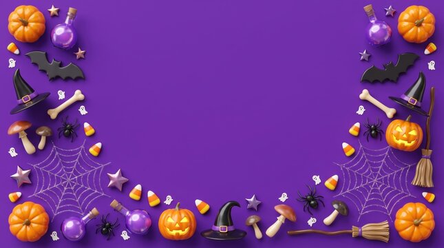 Flat lay, top-down view of halloween decorations, including pumpkins, witch hats, and bats, framing copy space on a violet / purple background.