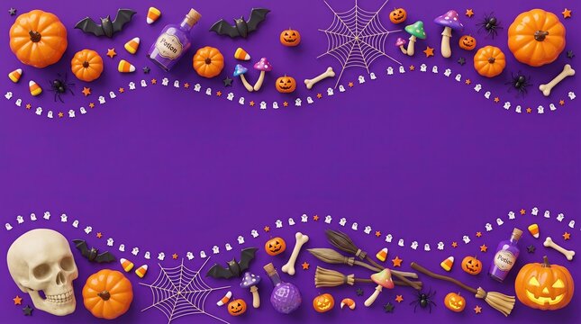 Flat lay, top-down view of halloween decorations forming a wavy border on a violet / purple background with copy space.