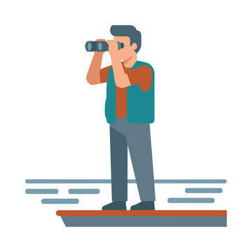 Man looking through binoculars flat vector illustration
