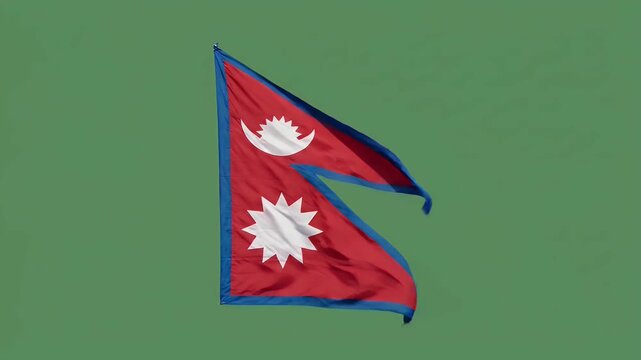 Nepal national flag waving in wind against green background for travel and culture themes