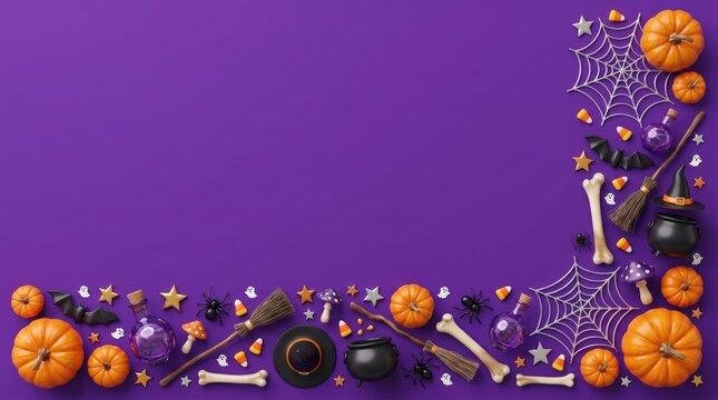 Halloween decorations, flat lay top-down view, form a border with pumpkins and witch hats on a purple / violet background with copy space.