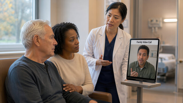 Difficult Decisions and Patient Communication: patient and partner include family by video call while discussing an important healthcare decision with doctor