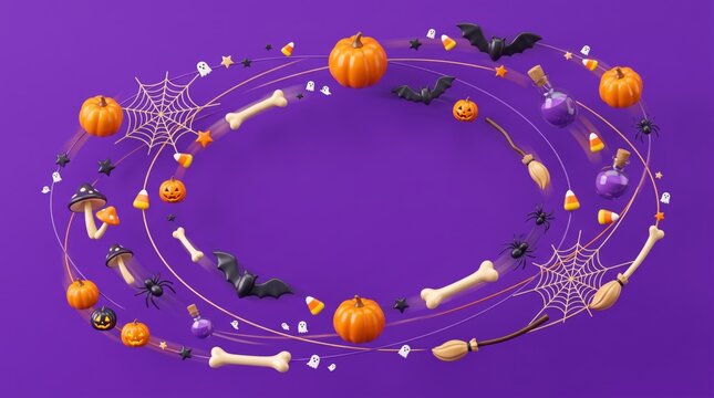 Flat lay, top-down view of halloween decorations swirling into an oval frame on a violet / purple background, with ample copy space.