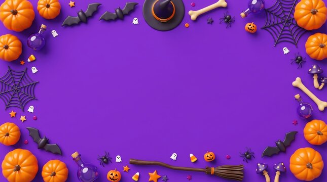 Halloween decorations, including pumpkins, frame central copy space in this top-down flat lay on a violet / purple background.
