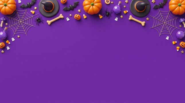 A festive flat lay of playful halloween decorations, including pumpkins, witch hats, and candy, artfully scattered across a vibrant violet / purbackground with ample copy space for seasonal greetings.