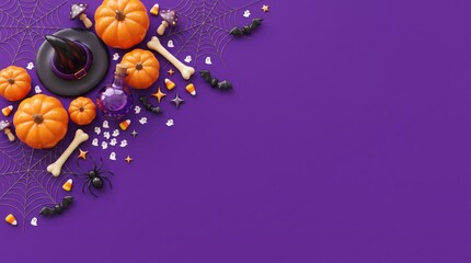 A festive flat lay, top-down view of vibrant halloween decorations, including miniature pumpkins, a witch hat, bones, and candies, artfully arranged on a striking violet purple background & copy space