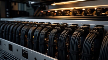 Fototapeta premium Server Rack with Bundled Power Cables in Data Center