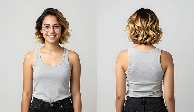 Studio Portrait of a Young Woman with Short Wavy Ombre Hair and Glasses Showing Front and Back Views Wearing a Grey Tank Top and Jeans