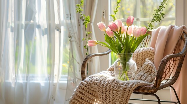 A bright and airy porch corner decorated with fresh pastel tulips in a glass vase, a pastel-colored throw blanket on a wicker chair, warm spring sunlight casting delicate window shadows