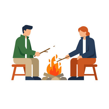 Couple Roasting Marshmallows Over Campfire Flat Illustration