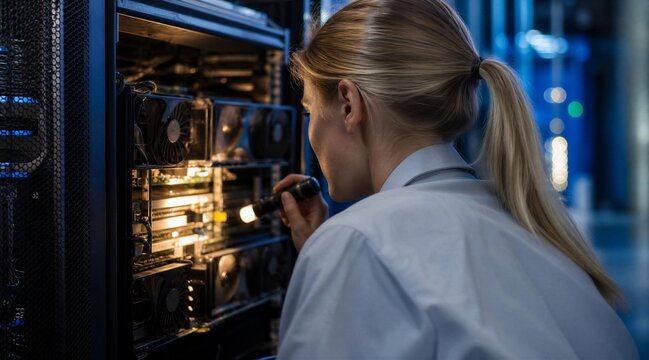 Female IT Engineer Inspecting Server Rack with Flashlight