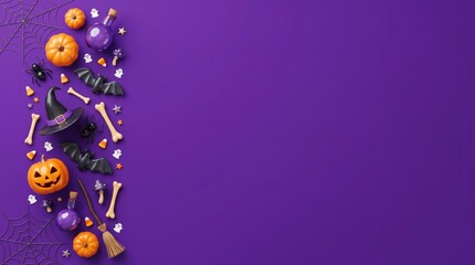 Halloween decorations with pumpkins, witch hat, bats, and candy, flat lay, top-down on a violet / purple background, offering copy space.