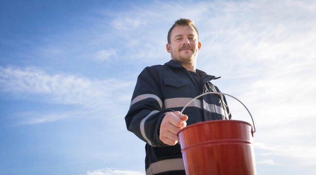 Firefighter Holding Red Bucket Outdoors Against Blue Sky