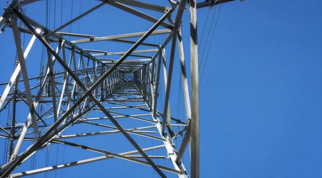 High Voltage Power Pylon Looking Up Against Blue Sky