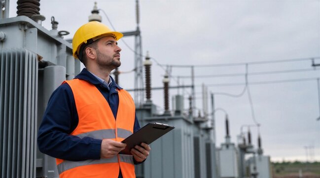 Electrical Engineer Inspecting Power Substation with Clipboard