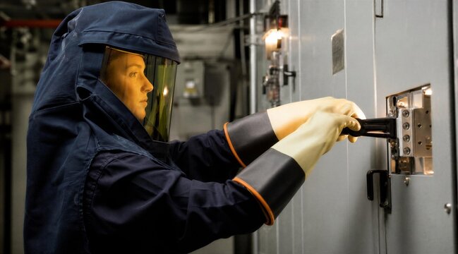 Female Electrician in Arc Flash Suit Working on Electrical Panel