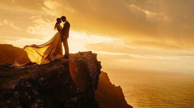 A cinematic, emotional photograph of a couple sharing a tender, loving moment at sunset on a scenic coastal cliff, golden light catching the soft texture of a flowing silk dress