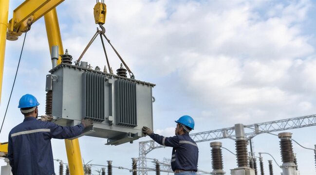 Electricians Installing Power Transformer at Electrical Substation