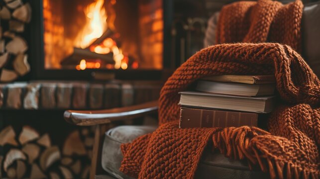 A close-up aesthetic shot of an open fireplace with crackling logs, a chunky burnt-orange knit wool blanket draped over an armchair, a stack of vintage hardcover books, soft warm ambient lighting