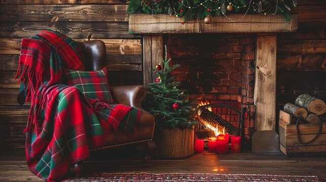 A cozy Christmas background featuring a classic red and forest green tartan wool pattern, rustic weathered wood paneling accent, warm hearth lighting, soft fabric texture, traditional holiday mood