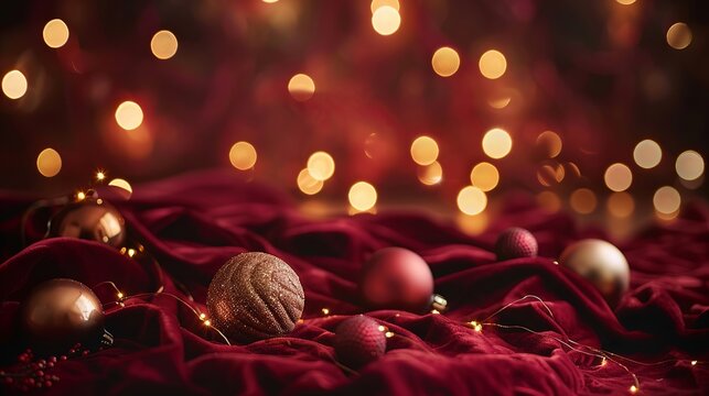 A luxurious Christmas background featuring deep burgundy velvet fabric folds, scattered matte gold ornaments, warm amber fairy lights casting soft bokeh, elegant holiday atmosphere