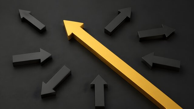 Large golden arrow moving forward among smaller black arrows on dark background. Concept of business leadership and unique strategy.