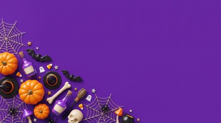 A flat lay, top-down view of festive halloween decorations, including pumpkins, skulls, and bats, arranged on a violet purple / violet background with copy space.