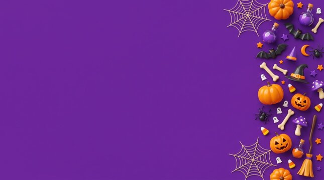 Flat lay, top-down view of halloween decorations, including pumpkins and witches' hats, arranged as a border on a purple / violet background, offering copy space.