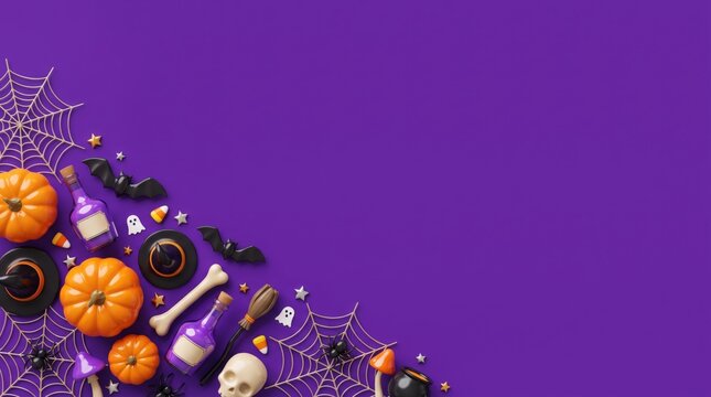 A flat lay, top-down view of festive halloween decorations, including pumpkins, skulls, and bats, arranged on a violet purple / violet background with copy space.