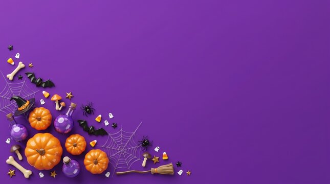Festive halloween decorations, including orange pumpkins and spooky elements, arranged in a flat lay on a vibrant purple / violet background with corner copy space.