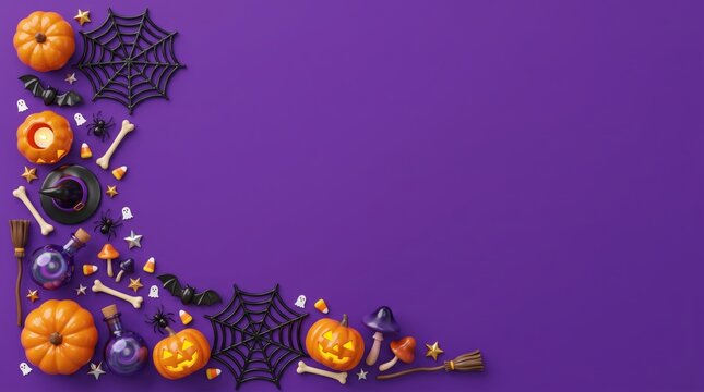 Flat lay, top-down view of halloween decorations: pumpkins, spiderwebs, and witch items, arranged on a violet / purple background with copy space.