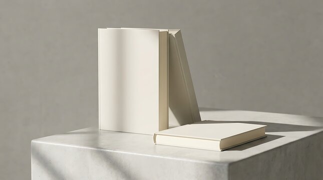Three blank white books standing and lying on a square stone platform with soft natural shadows. 3 book mockup 