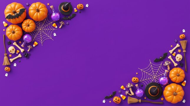 Flat lay, top-down view of halloween decorations: pumpkins, witches' hats, and spooky elements on a violet / purple background, with copy space.