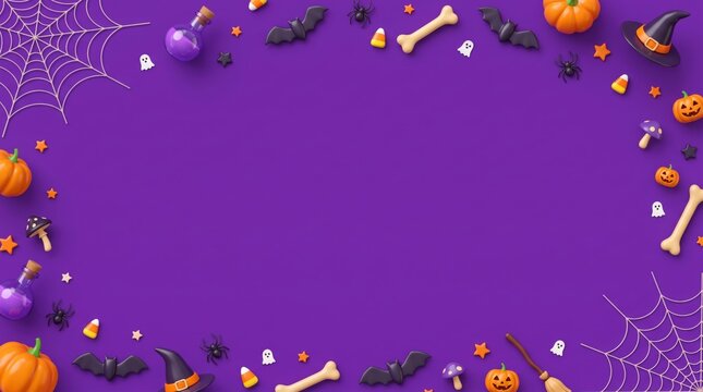 Flat lay, top-down view of halloween decorations (pumpkins, bats, candy) creating a festive border on a vibrant violet / purple background with copy space.