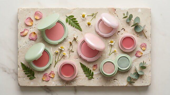 Various makeup blush compacts with soft flower petals and green leaves on a textured stone surface. garden-inspired makeup