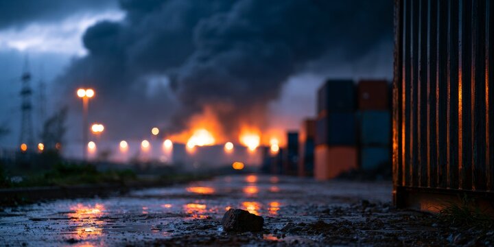 Industrial container yard at dusk with stacked containers on right and distant blaze reflected in wet ground, evoking urban logistics and industrial energy