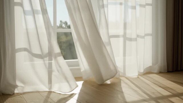 Sheer curtains gently billowing in a sunlit room with light rays casting shadows on the wooden floor