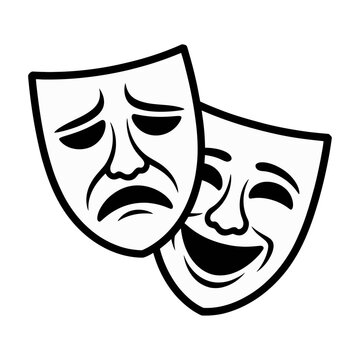 Simple black and white vector icon of comedy and tragedy theater masks representing drama