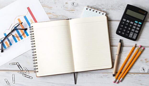 Flat lay of business planning workspace with open notebook, financial charts, calculator, glasses, and pencils on a light wooden table top view office desk setup