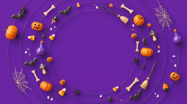 Halloween decorations, including pumpkins, bats, and candy corn, are arranged in a flat lay, top-down view on a violet / purple background with copy space.