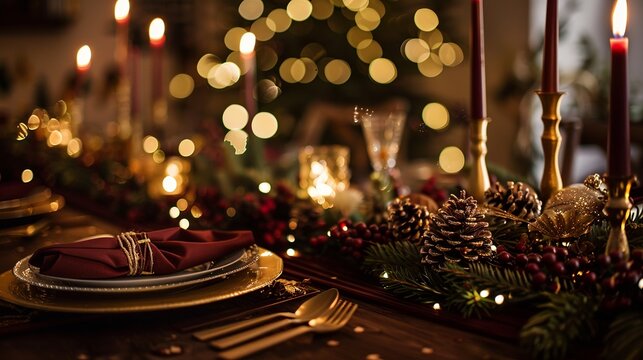 An elegant Christmas dining table background, deep burgundy table runner, glowing gold taper candles, pine cone centerpieces, dark moody cinematic atmosphere