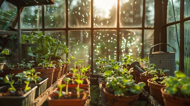An immersive shot inside a rustic glass greenhouse in spring, rows of vibrant green seedlings in terracotta pots, watering cans, dewdrops sparkling on fresh leaves
