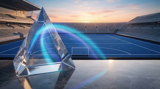 Crystal pyramid trophy on a reflective surface in front of a sports stadium at sunset award prize